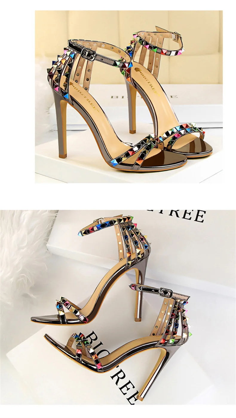 Summer Women Roman High Heels Rivets Studded Sandals Stiletto Gladiator Pumps Open Toe Luxury Shoes Hollow One-word Buckle 267-2
