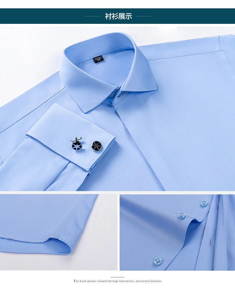 Men's French cufflink shirt with long sleeves slim fit concealed buttons solid color high end wedding dress formal men's