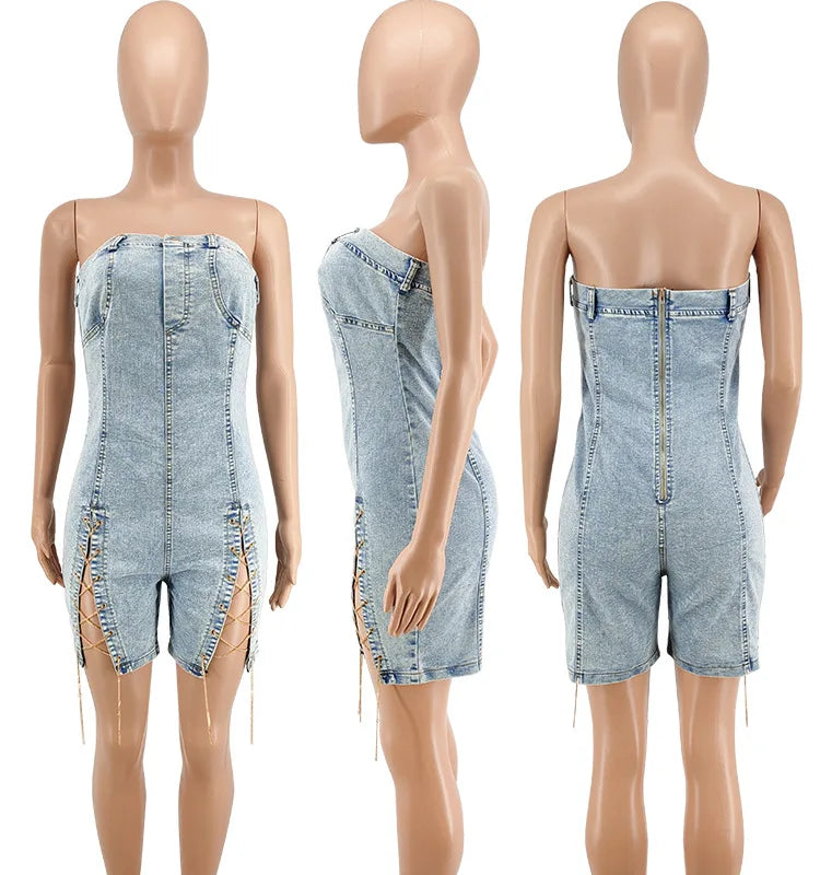 Rompers Women One Piece Elegant Splice Denim Jumpsuits Sexy Slim Fit Strapless Sleeveless Short Pants Sheath Playsuits