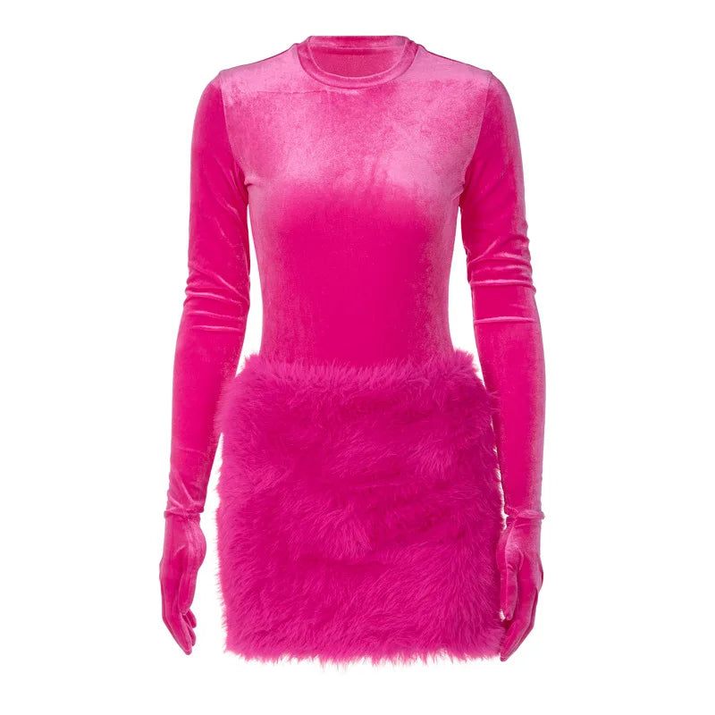 Fur Velvet Street Party Dress Women Fashion Sexy Club Outfit 2023 Autumn Female Luxury Clothing Winter Elegant Evening Dress