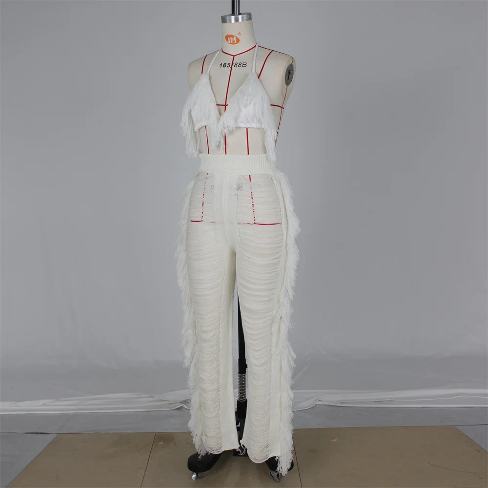 RT Sexy Women Crochet Set Two Pieces Set Halter Backless Top Pants Tassels Knitted 2 Pieces Set Hollow Out Crocheted Beach Set