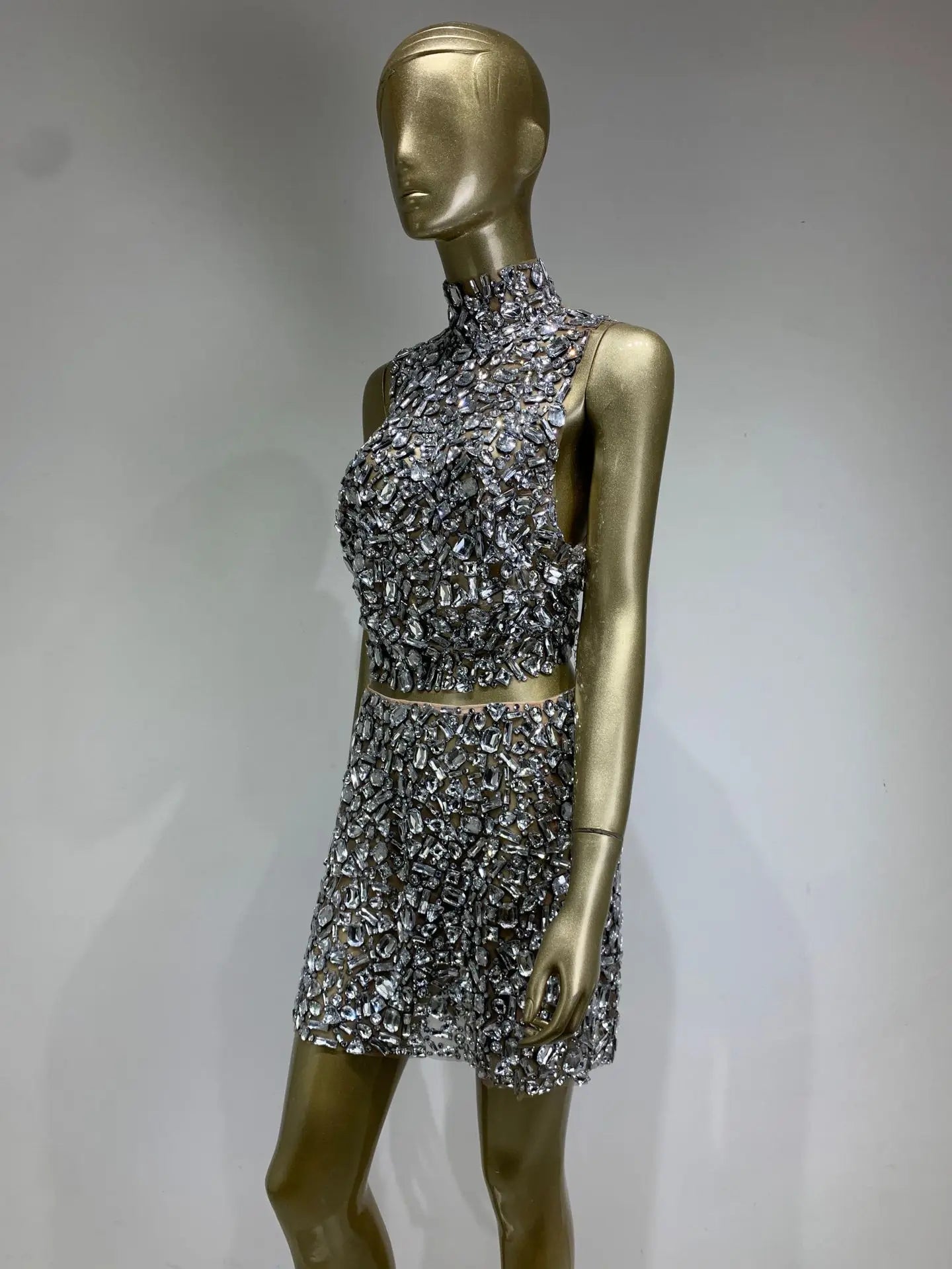 Sparkling Rhinestone Sexy Halter Backless Two-Pieces Set Birthday Evening Party Celebrate Stage Costume Nightclub Gown Dress