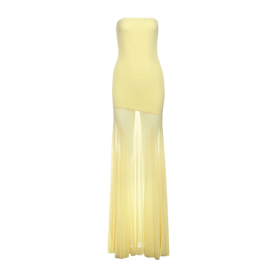 Weird Puss Patchwork See Through Dress Women Elegant Solid Pleated Strapless Sleeveless Backless Slim Banquet Party Vestidos