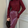 Trendix Women Elegant Burgundy Skirt High Waist Slim Fashion Slit Long Skirts Female Party Slim Club Sexy Vintage PU Skirts 2024
