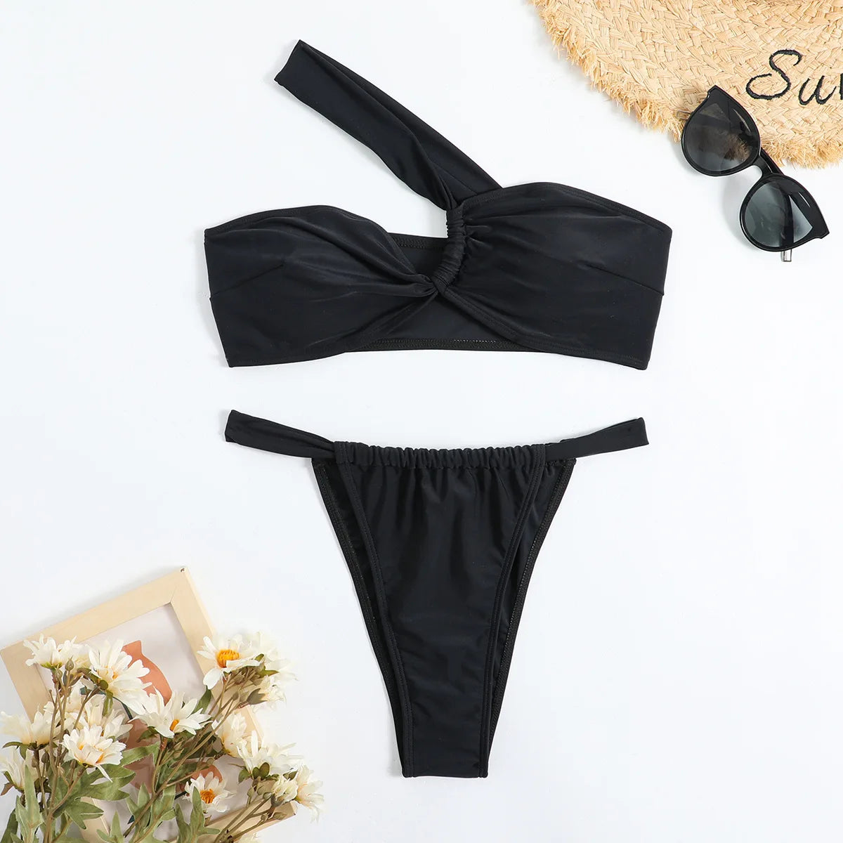 Bikini Set Women Sexy Sleeveless One Shoulder Swimsuit Two-Piece Swimwear 2025 Summer New Fashion Solid Color Bathing Beachwear
