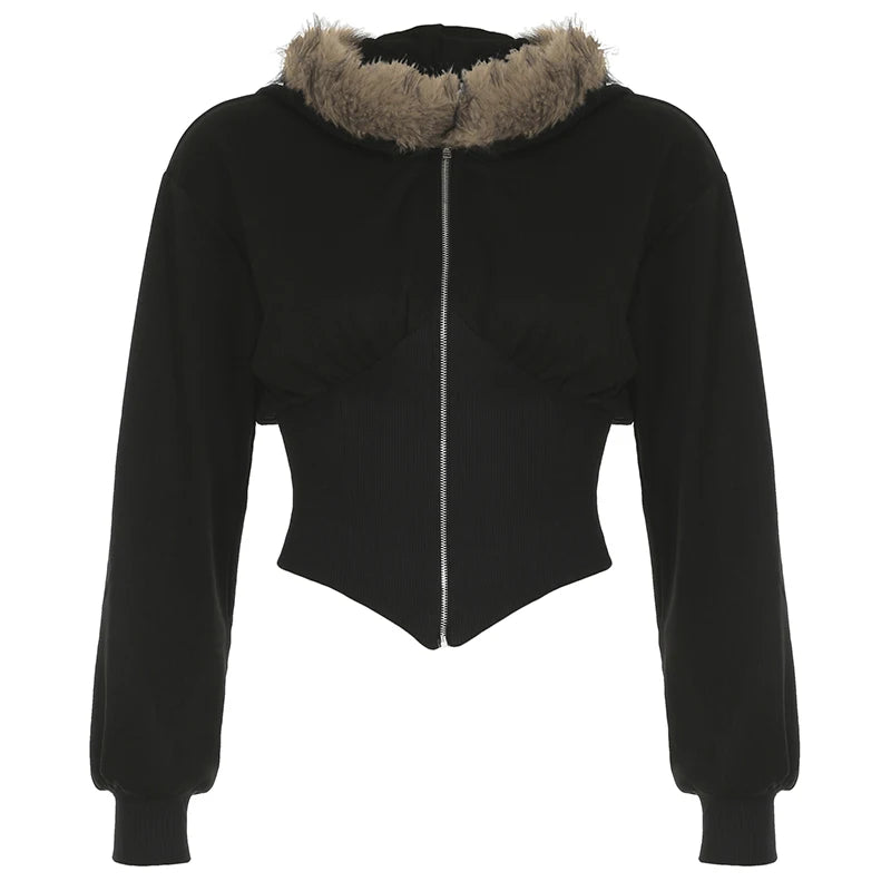 BIIKPIIK Fur Collar Hooded Women Coats Casual Zipper Slim Hoodies Simple All-match Black Harajuku Coat Autumn Winter Sweatshirts