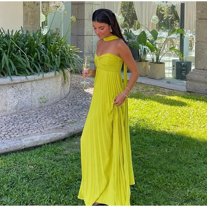 Strapless Ribbon Maxi Dress Women Elegant Sleeveless Backless Pleated Party Dresses Female 2025 Summer Sexy Lady Evening Vestido