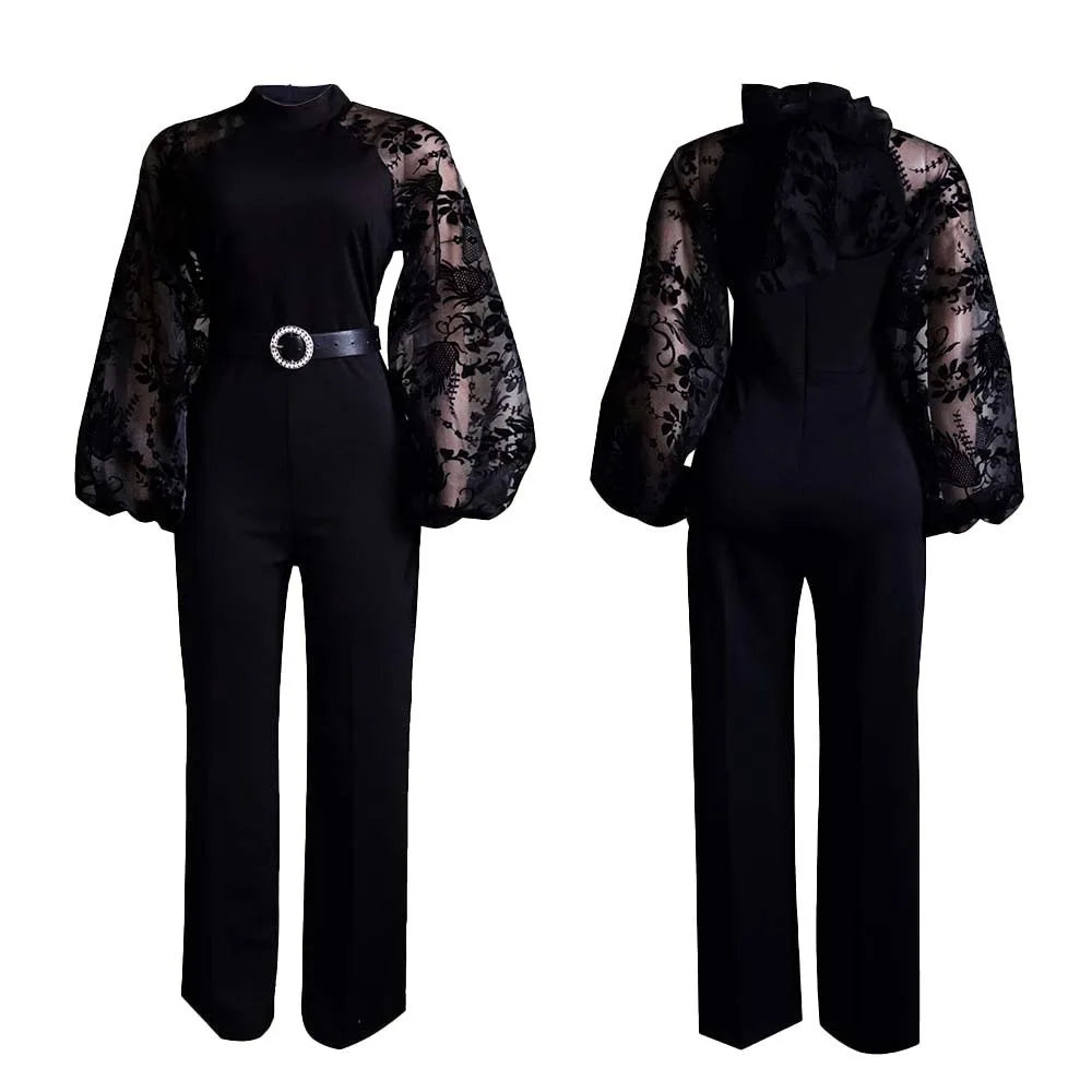 Elegant Jumpsuits for Women Luxury Round Neck Full Sleeve Belt Waisted High Waisted Straight Female Birthday Party Celebrate New