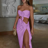 Hugcitar Fashion 2 Pcs Sets Strapless Tie Flower Draped Sexy Crop Tank Top Slit Tassel Maxi Skirt Women Outfit Festival Party