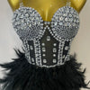 Stock 2025 Women Sexy Sparkly Rhinestone Mesh Feather Long Dress Elegant Evening Party Celebrate Birthday Performance Costume