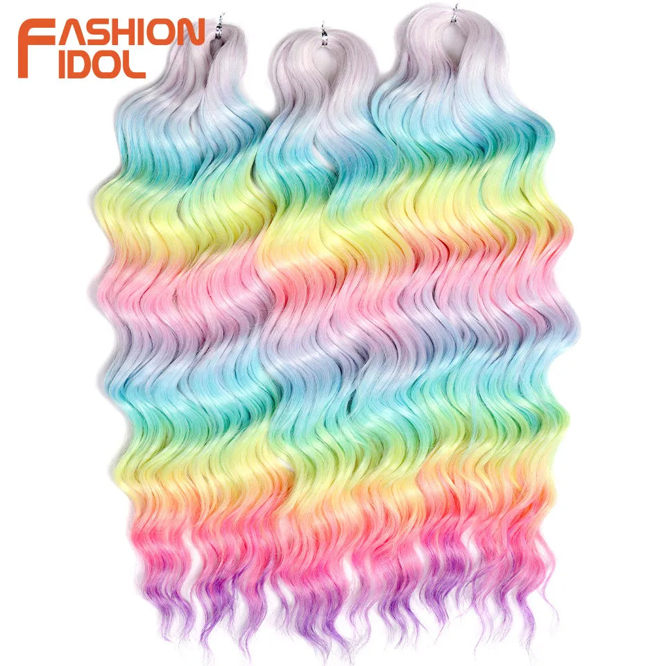 FASHION IDOL 24Inch Crochet Hair Synthetic Water Wave Braiding Hair Extensions Ombre Rainbow color Fake Hair Deep Wave Curl Hair