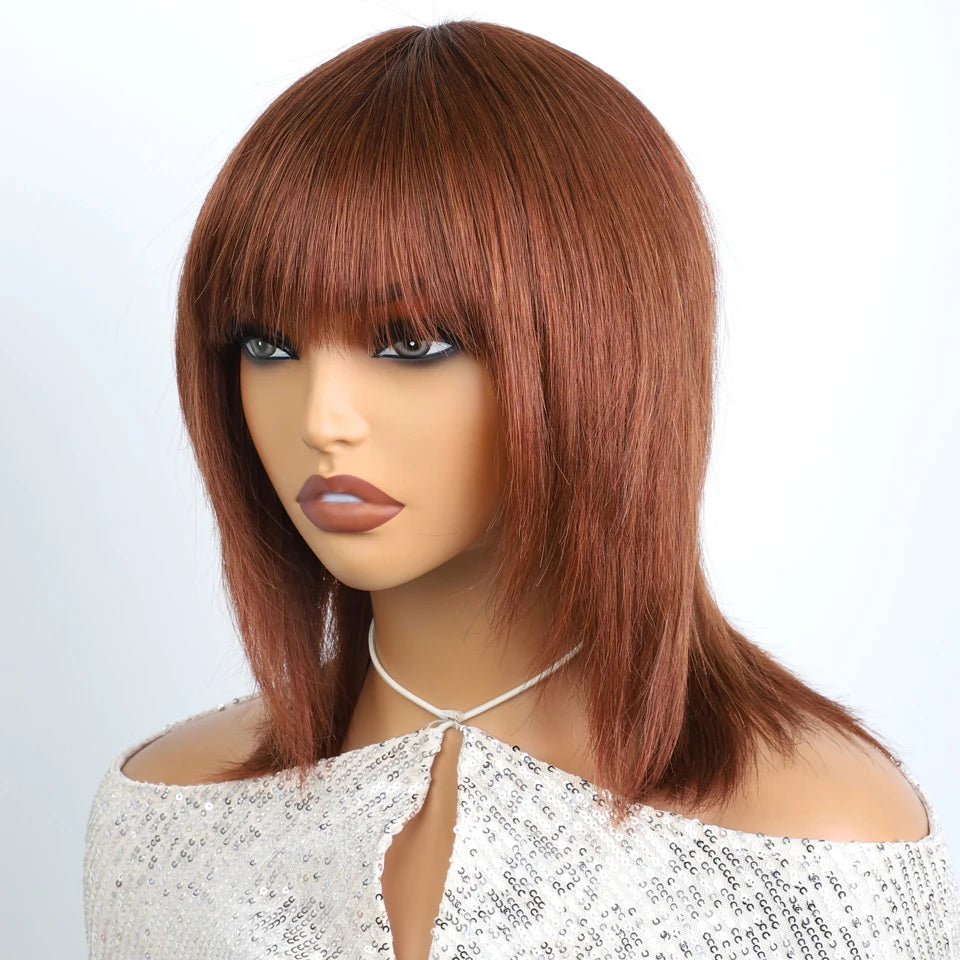 Lekker 12" Short Brown Wolf Cut Straight Bob Human Hair Wigs With Bangs For Women Brazilian Remy Hair Ready to Wear Glueless Wig