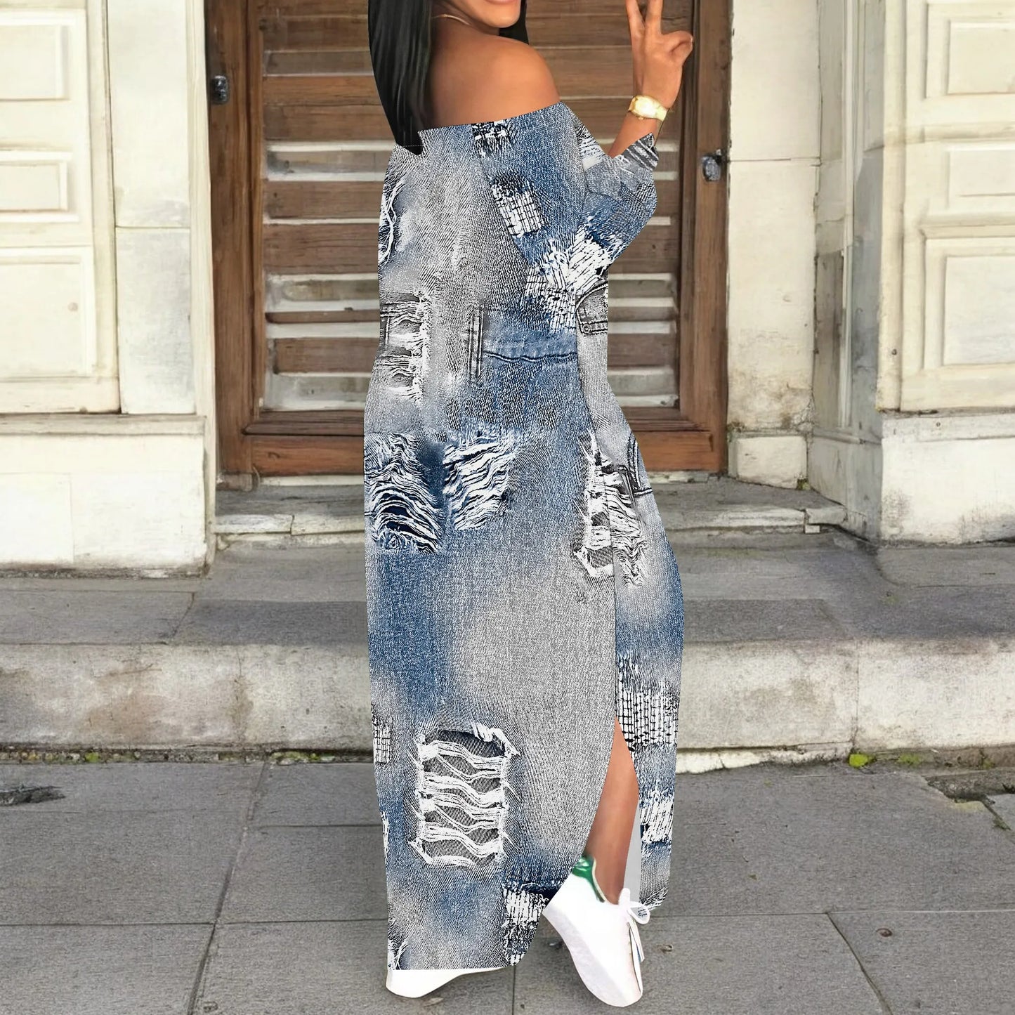 Denim Retro Print Long Sleeve Slim Fit Elegant Casual Slit One-Shoulder Neck Dress