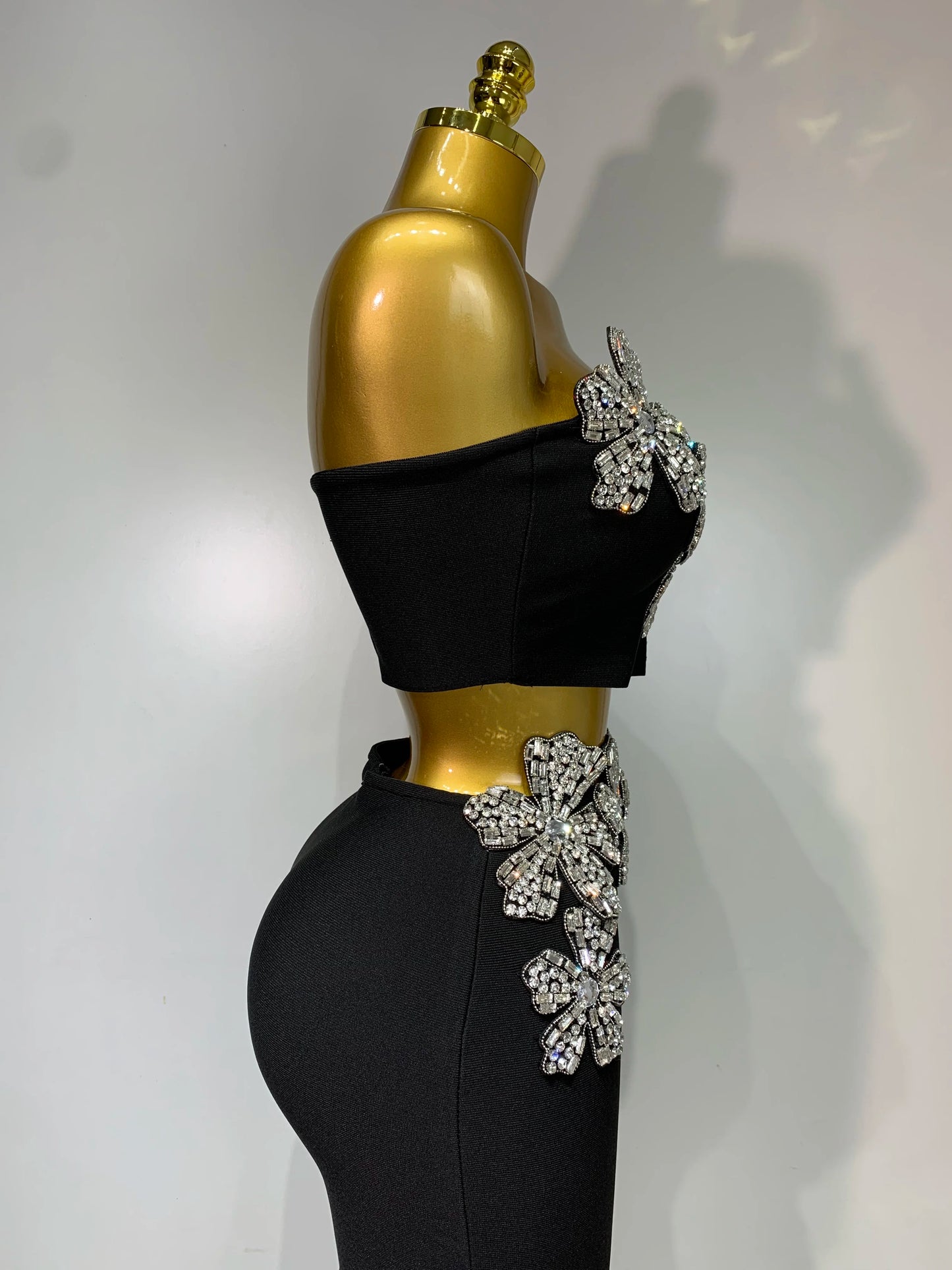 Women Sexy Strapless Flower Diamonds Black Maxi Long Bandage Two Piece Set 2025 Knitted Elegant Evening Club Party Prom Gowns