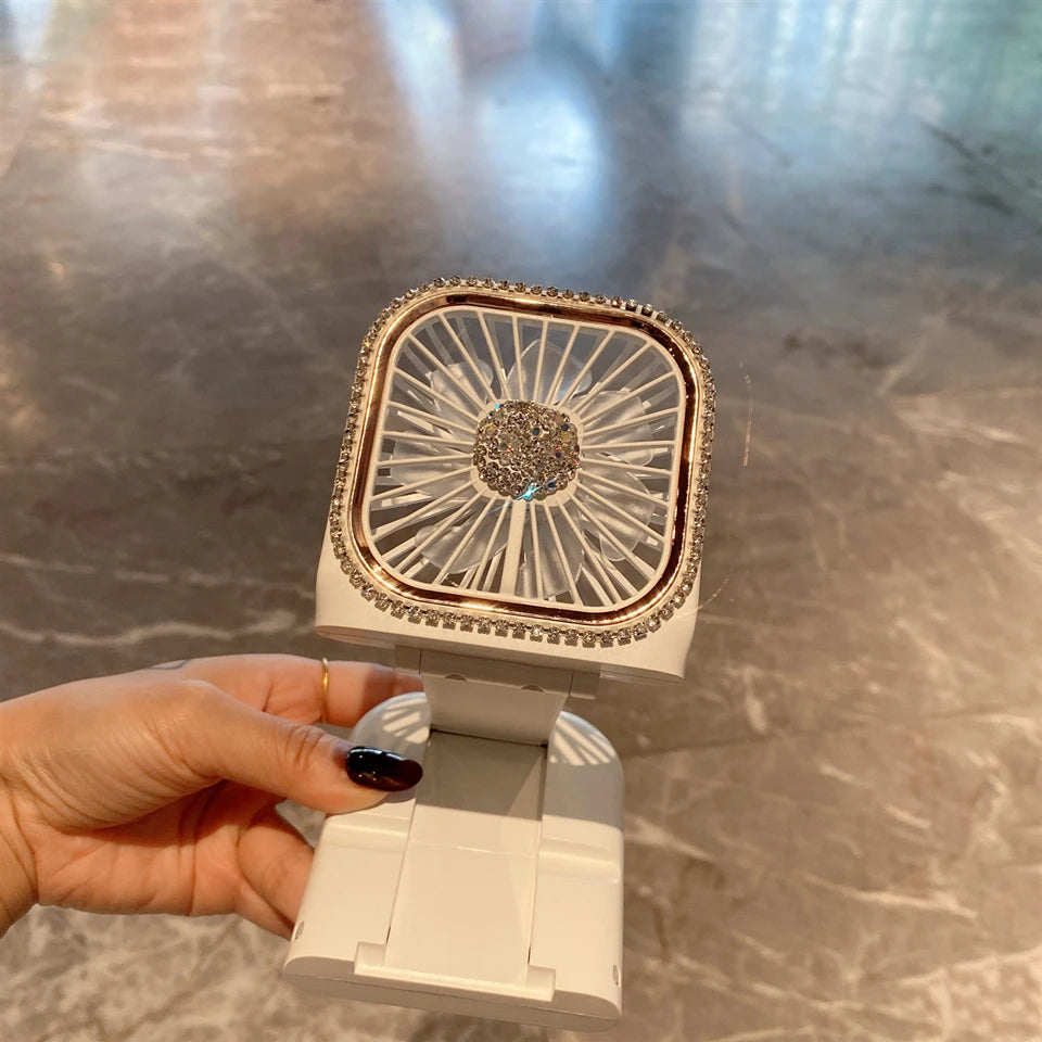 USB Folding Portable Mini Charging Small Fan Rhinestones Handheld Desktop Stand for Student Office Universal Cooling Ventilador