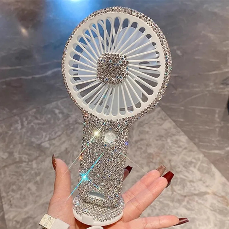 Clear Sparkle Rhinestone Decor Mini Luxury Office Desk Putting Hand Summer Fan for Girls