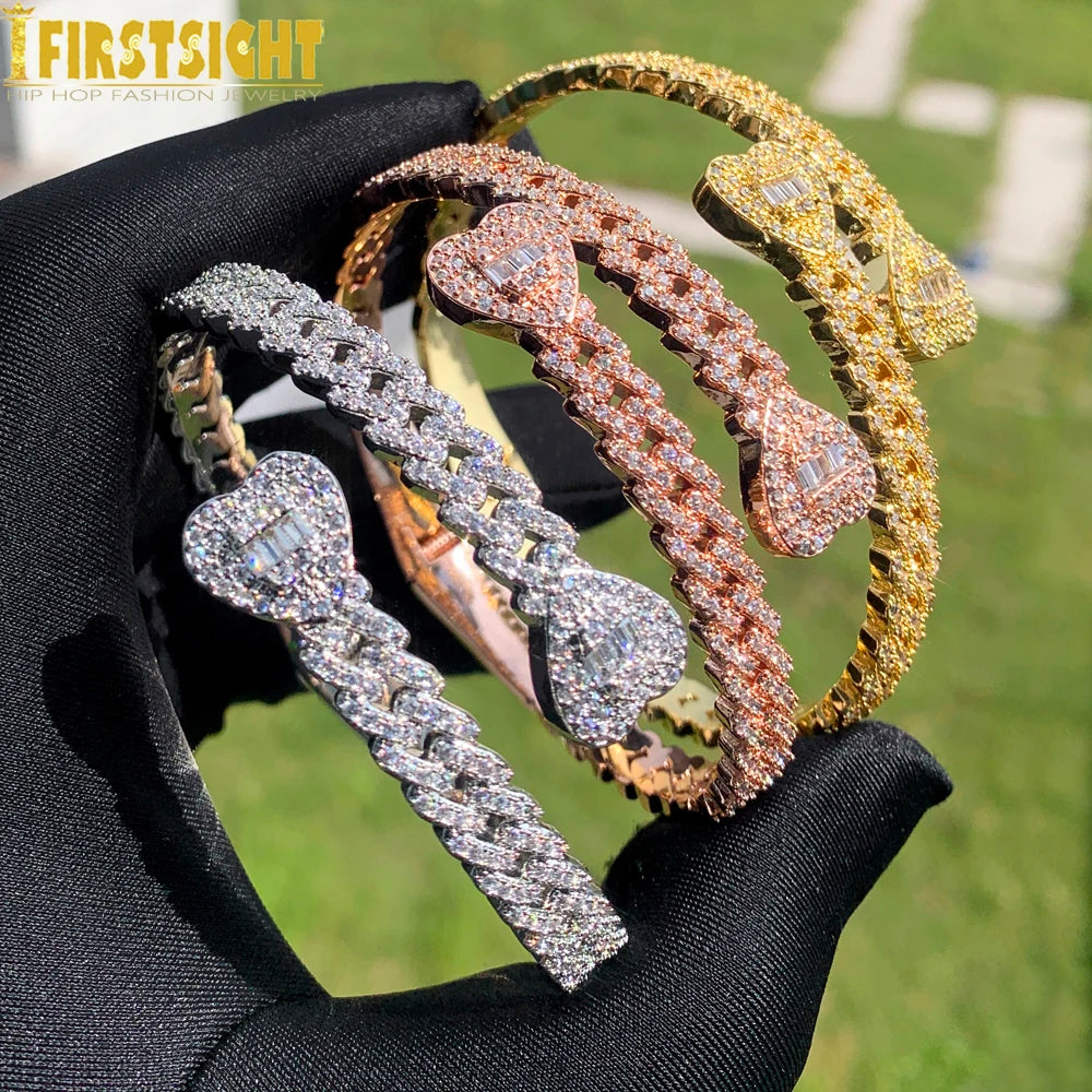 2025 New Iced Out Bling Opened Heart Flower Charm Bracelet AAA CZ Zircon Butterfly Bangle For Men Women Hip Hop Luxury Jewelry