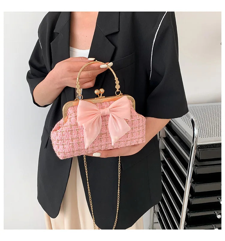 Glittering Chain Plaid Pattern Evening Bag For Women Bow Decor Shoulder Bag, Fashionable Elegant Clutch, Women‘s Crossbody Bag