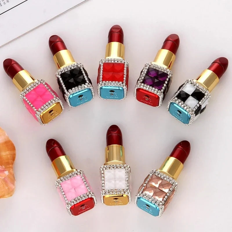 Luxury Diamond Lipstick Inflatable Lighter Mini Butane Pink Water Diamond Portable Lighter High End Women's Smoking Gift