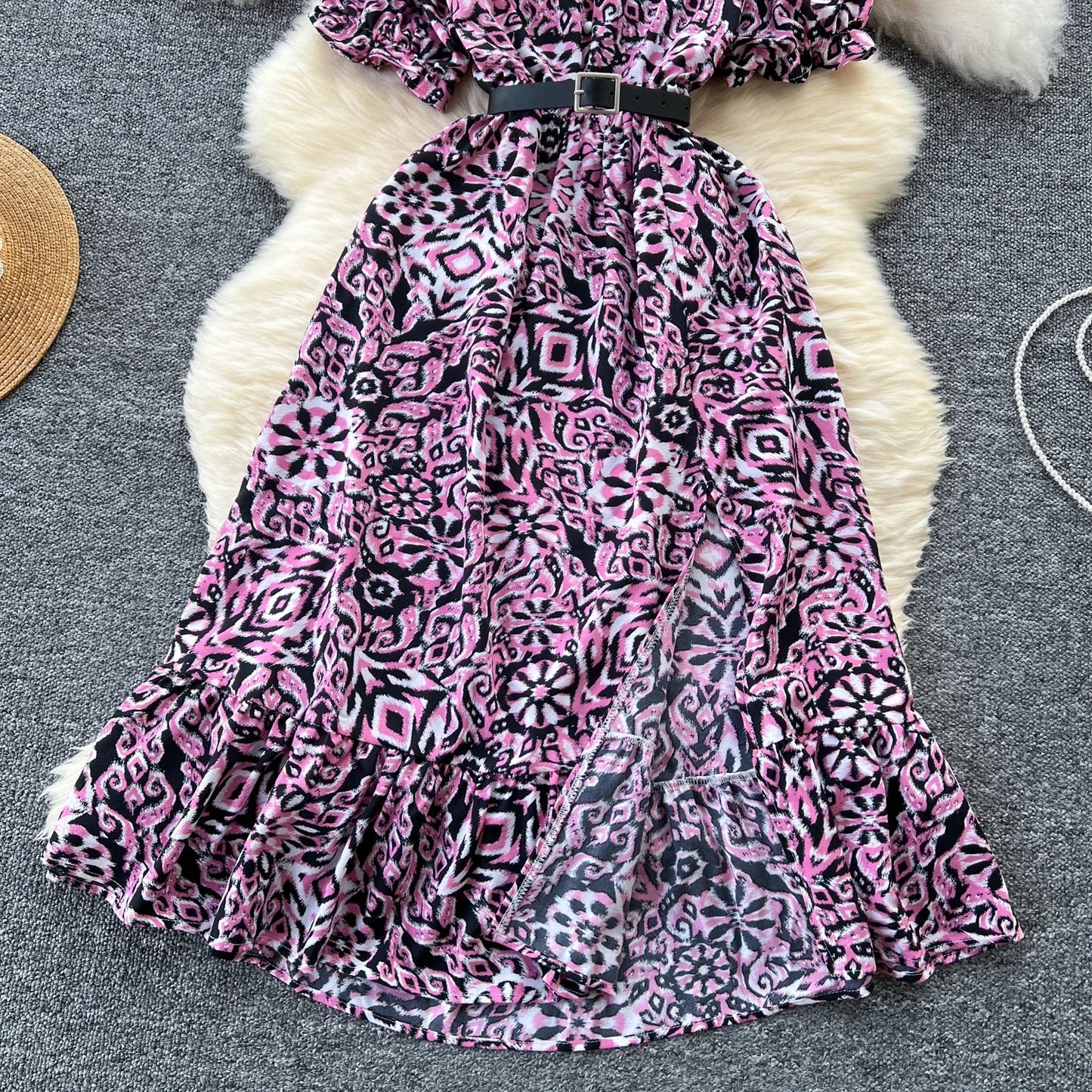 Summer Pleated Women Buttons Dresses Casual Beach Holiday Short Sleeve V Neck Woman Midi Dress Bohemian Mujer Vestidos