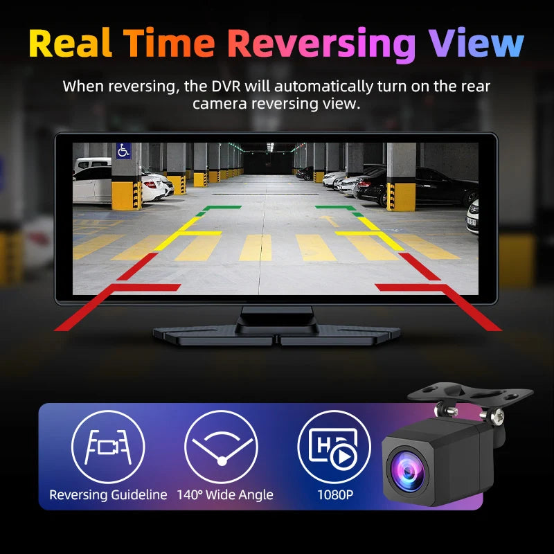 Develuck 10.26" Car DVR 350° Adjustable Carplay Android Auto Dash cam 4K Front&1080P Rear Camera Voice Control WIFI Dual lens FM