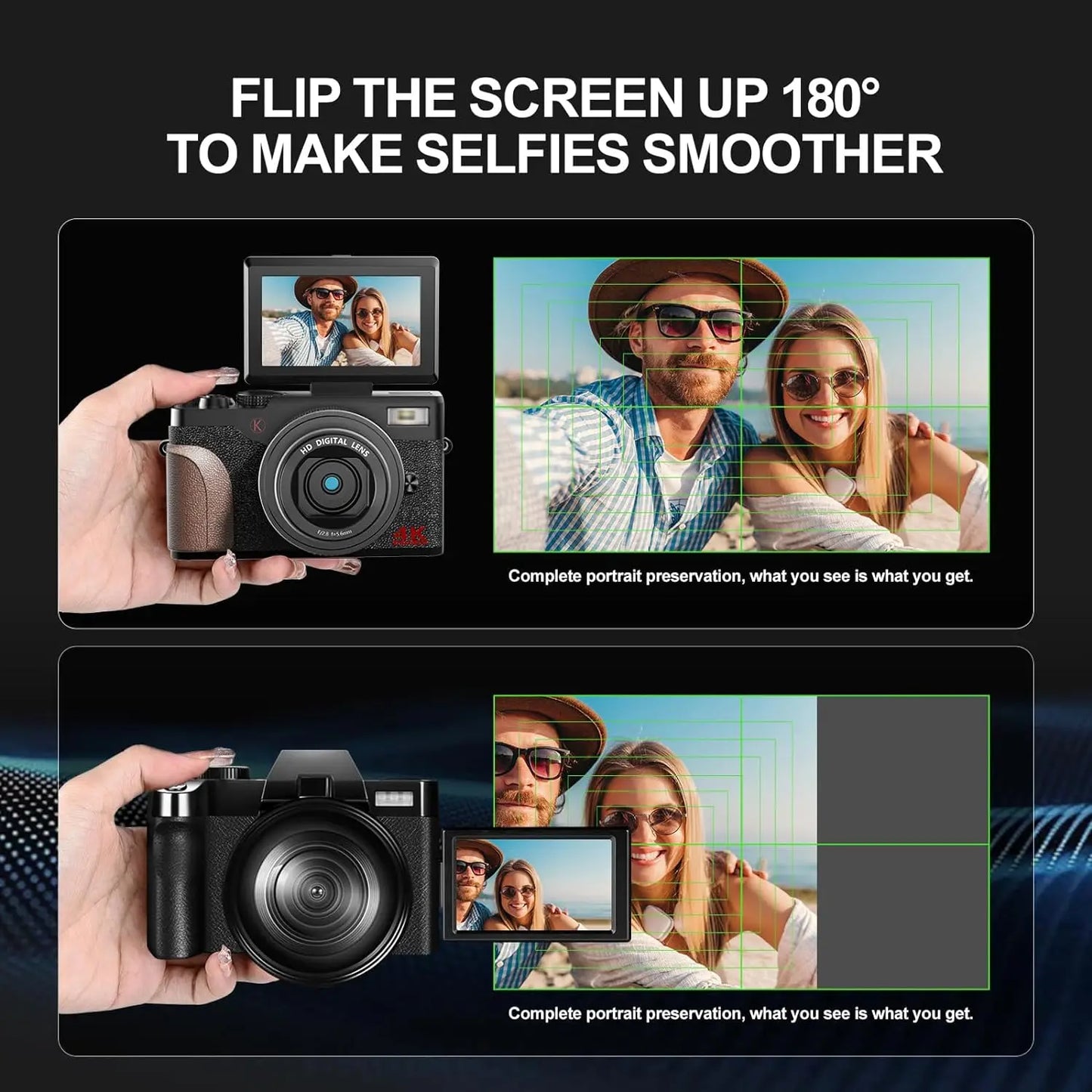 NBD Digital Camera 56MP Cameras for Photography 4K Vlogging Camera for YouTube 180°Flip Screen Digital Point and Shoot Camera