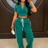 Fashion Casual Short Hoodie 2 Piece Women Summer Zipper Top Short Sleeved Sports T Shirt Stripe Splicing Long Pants Female Suit