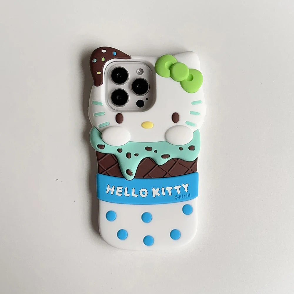 Cute 3D Ice Cream Sanrios Hello Kitty Phone Case for IPhone 15 14 13 12 11 Pro Max Drop-resistant Soft Silicone Back Cover Gift