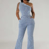 Flare Denim Pants Full Length Women Jeans One Piece Overalls Spliced Solid Jumpsuits Loose Pockets High Waist Basics Washed