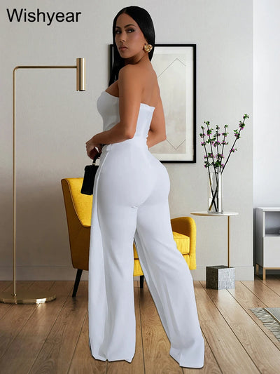 Wishyear Irregular Off Shoulder Sleeveless Strapless Jumpsuits Women Button Patchwork Wide Leg Pants Evening One Piece Outfits