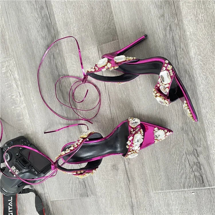 2024 Luxury Rhinestone Pointed Sandals Prom Super High Heel Sandals Slim Heel Dress Show Sandals Oversized 34-43 Women's Shoes