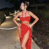 Hugcitar Fashion 2 Pcs Sets Strapless Tie Flower Draped Sexy Crop Tank Top Slit Tassel Maxi Skirt Women Outfit Festival Party