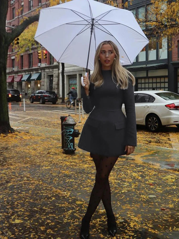 Dulzura Long Sleeves Zipper Bodycon Mini Dress With Pocket Solid Elegant Outfit Office Streetwear Women’S Autumn Winter Clothes