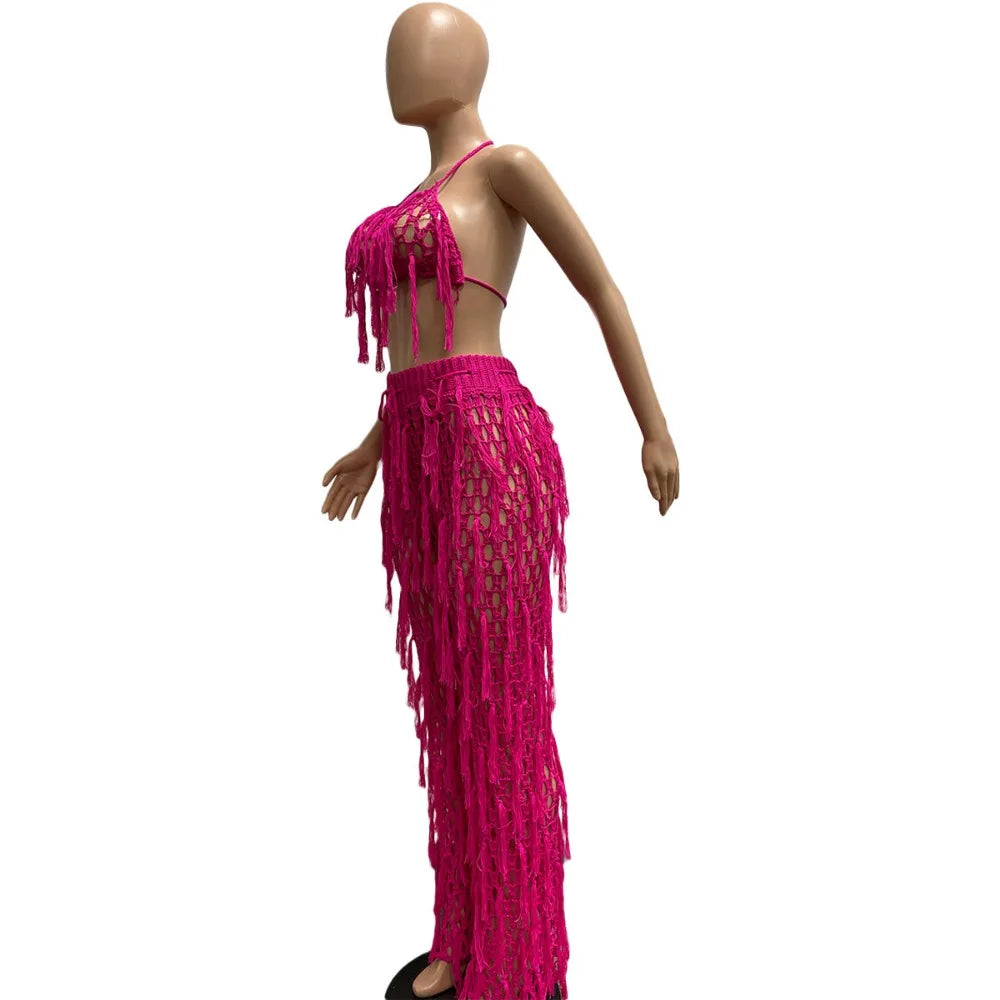 FAGADOER Sexy Hollow Out Tassels Pants Two Piece Sets Women Halter Sleeveless Backless Crop Top + Pants Outfit Female Streetwear