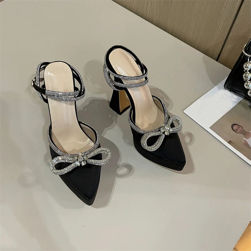 Hlieny 2025 Spring Autumn Women Pumps Fashion Platform Pointed Toe Butterfly-Knot Crystal Party Shoes Ankle Buckle Strap Sandals