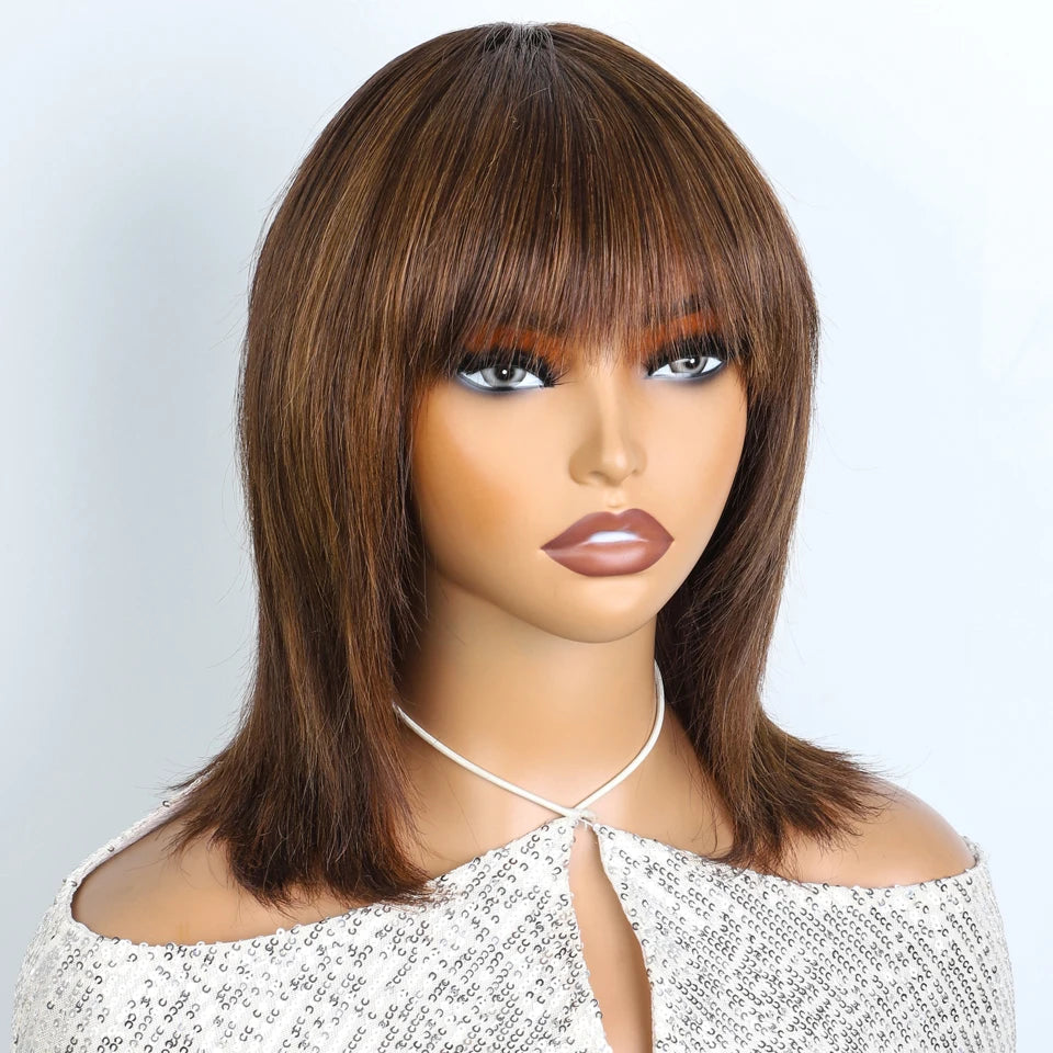 Lekker 12" Short Brown Wolf Cut Straight Bob Human Hair Wigs With Bangs For Women Brazilian Remy Hair Ready to Wear Glueless Wig