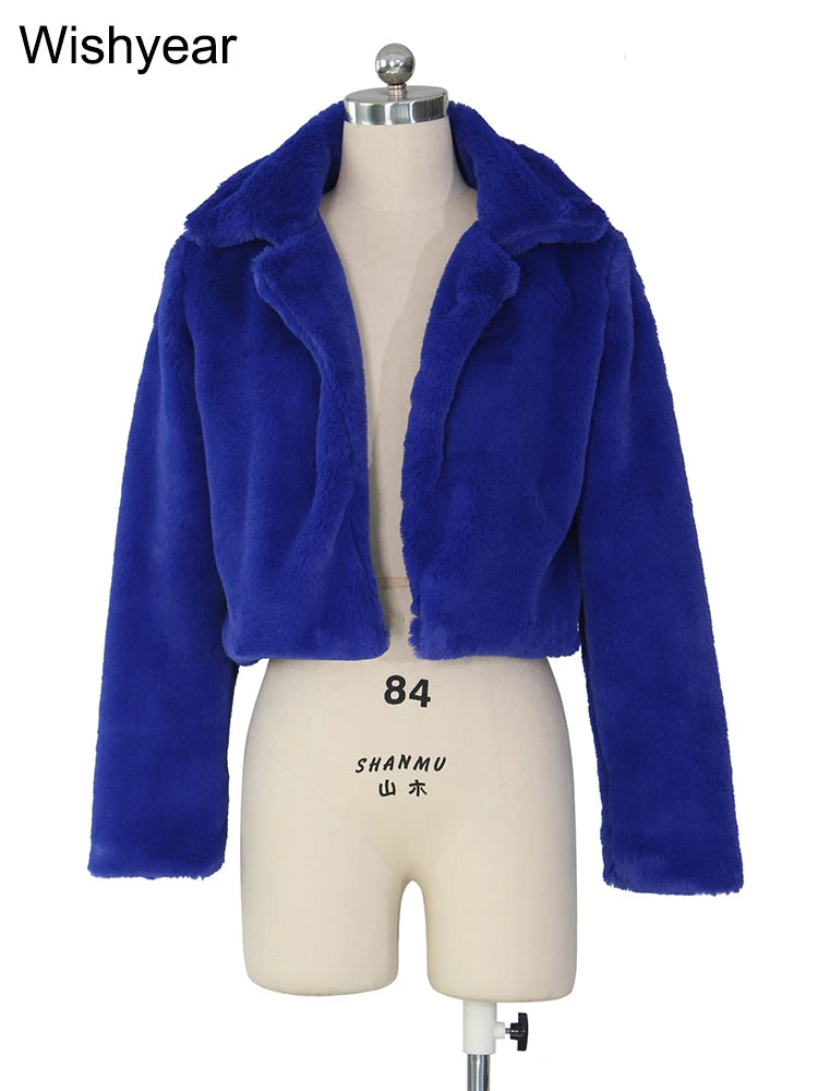 Fashion Faux Fur Open Stitch Lapel Crop Jackets Women Clothing Autumn Winter Solid Long Sleeve Warm Furry Fluffy Coat Outer Wear