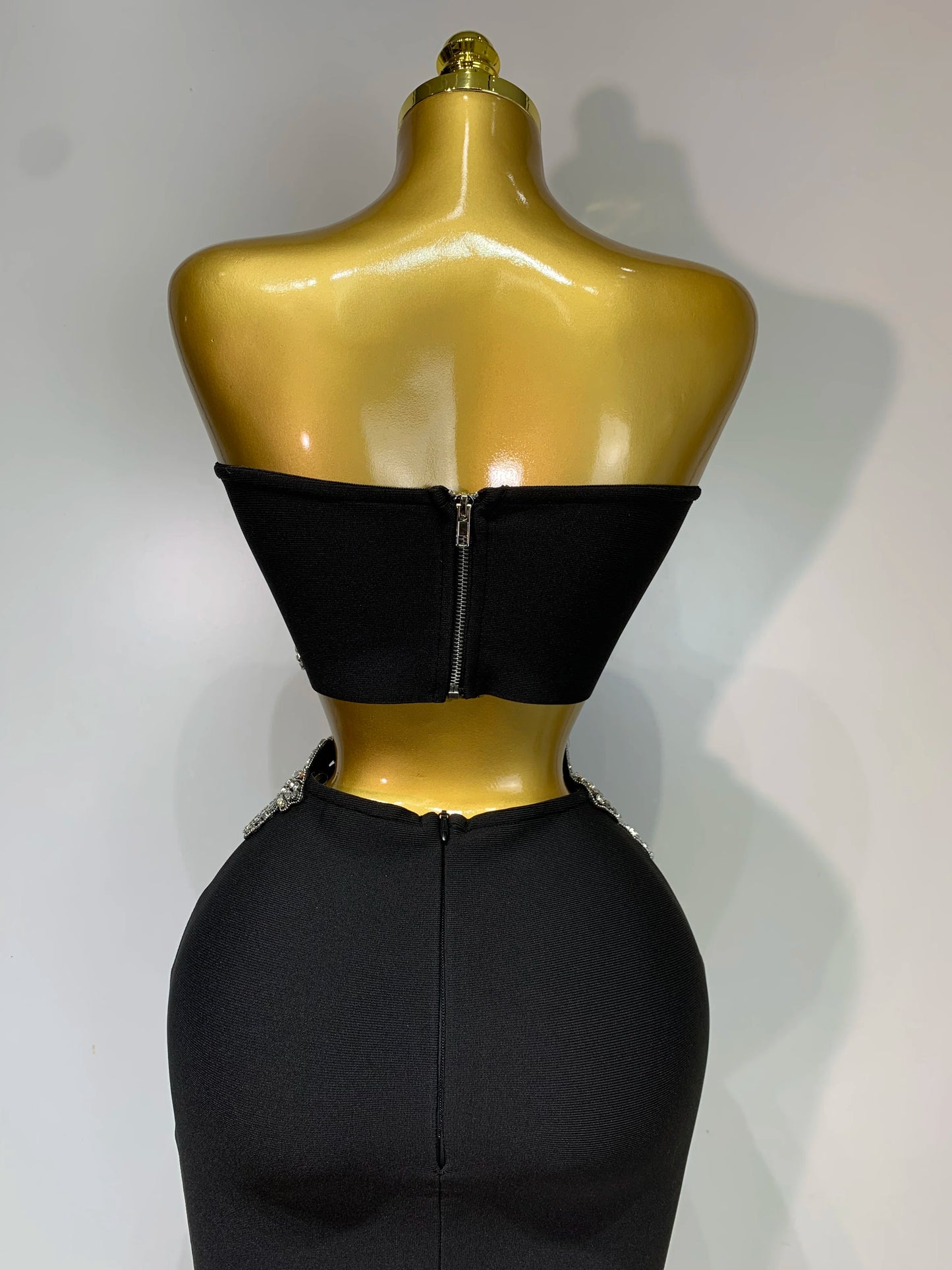Women Sexy Strapless Flower Diamonds Black Maxi Long Bandage Two Piece Set 2025 Knitted Elegant Evening Club Party Prom Gowns