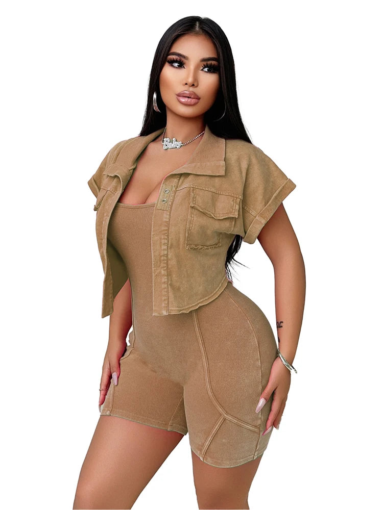 Women Clothes Sexy Female Fitness Gym Jumpsuit Shorts Acid Wash Vintage Bodycon Romper One Piece Short Sleeve Jacket 2 Piece Set