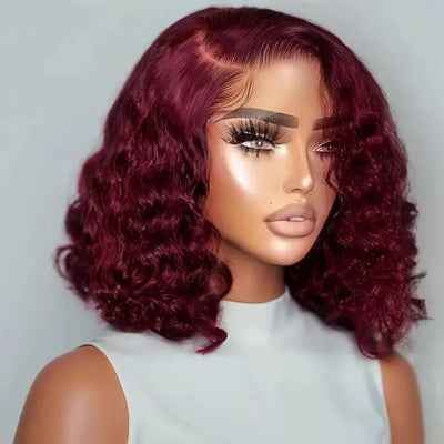 200% 99J Burgundy Short Bob Hair Wig 13x4 Lace Front Wig Human Hair Red Colored Deep Water Wave Lace Frontal Wig 100% Human Hair