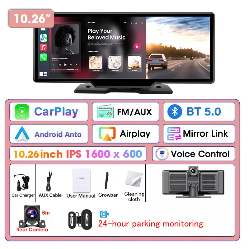 10.26'' Dash Cam 4K Car Mirror Video Player Wireless Carplay Android Auto GPS Car Monitor Multimedia Rearview Camera Dashboard