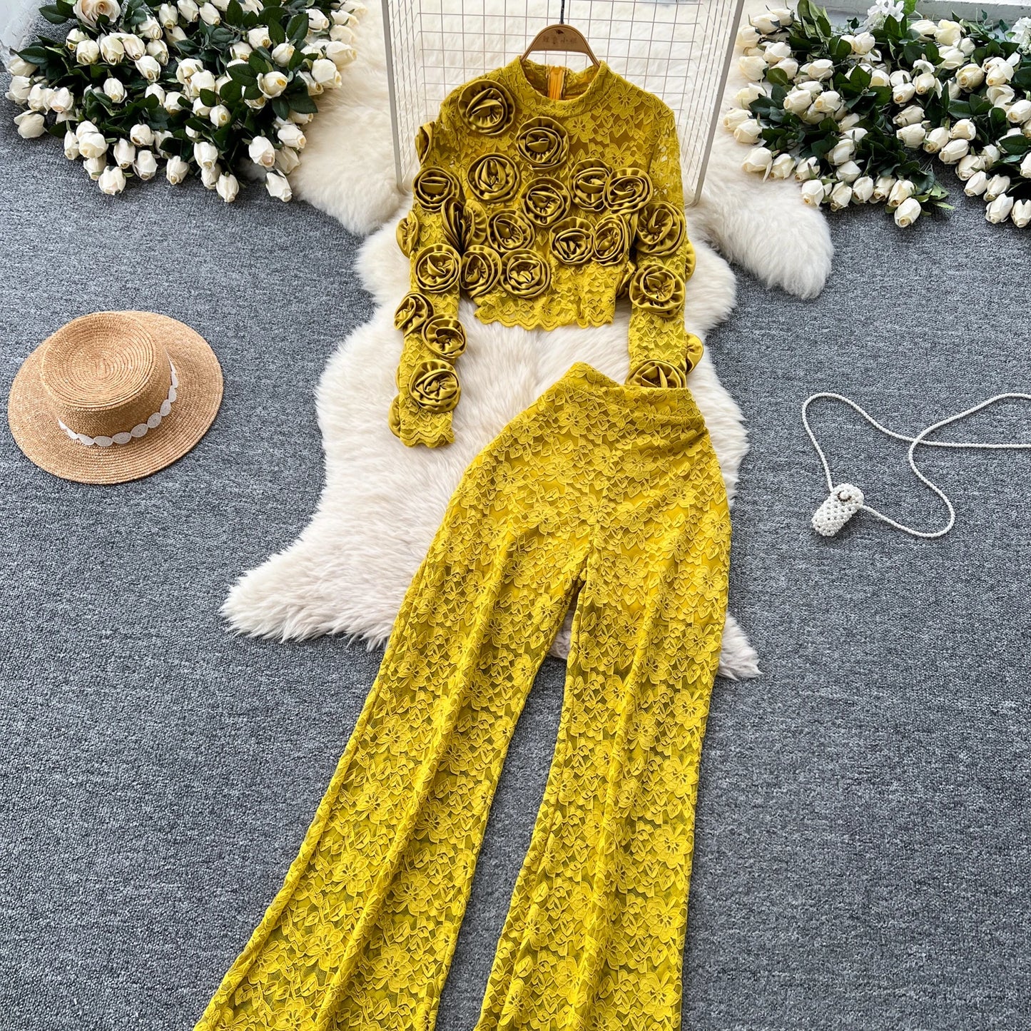 Women  Three-dimensional floral  loose T Shirt Bodycone Tops Female High Street Y2k Tops  Summer Two Piece Set