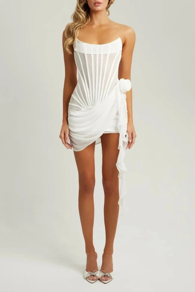 Articat Sexy Strapless Bandage Double-layer Mesh Patchwork Dress Women Perspective Tight Flower Ribbon Vestidos Party Clubwear