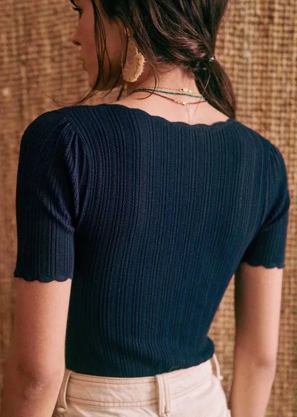 Women V Neck Knitted Crochet Tee With