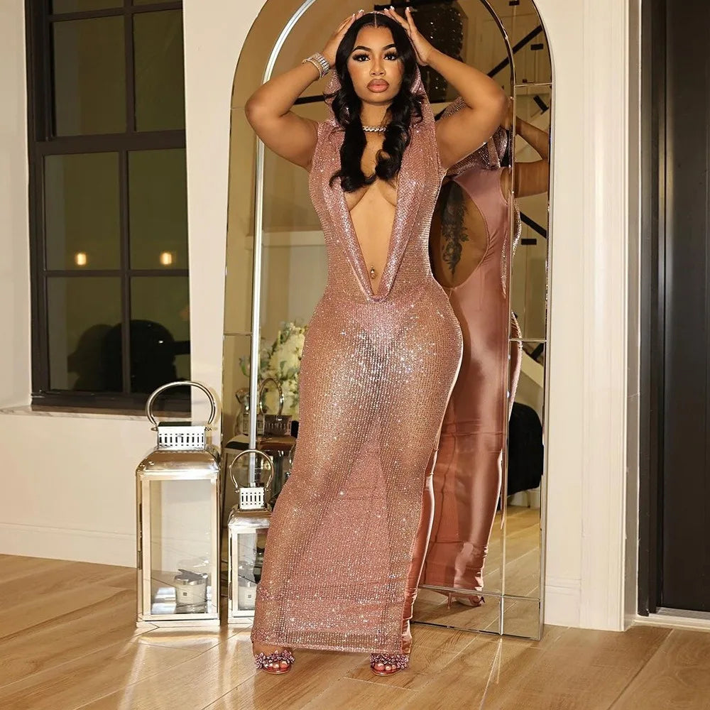 HLJ Sexy Deep V Perspective Sequin Hooded Bodycon Party Club Dresses Women Backless Sleeveless Slim Vestidos Fashion Clothing