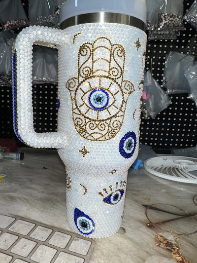 Personalized Customized DIY Handmade 40oz Evil eye Opal White Bling Rhinestone Tumbler