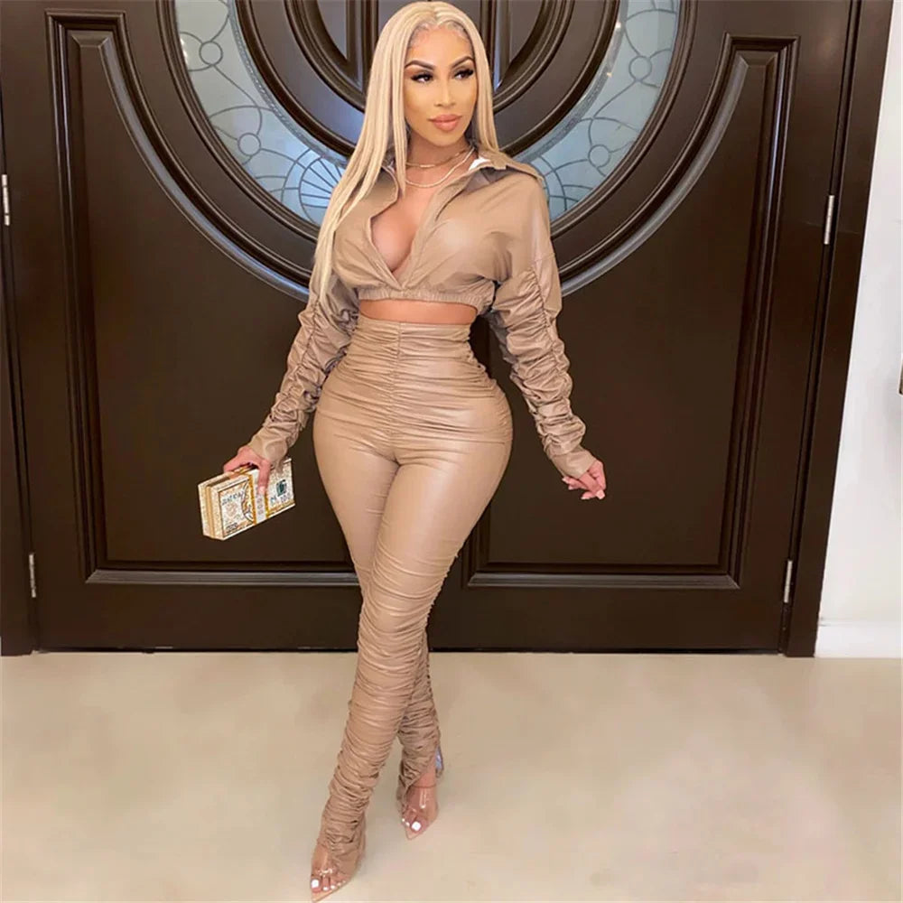 Sexy PU Faux Leather Two Piece Set for Women Birthday Night Club Outfits Crop Top and Slit Stacked Pants Matching Sets Undefined