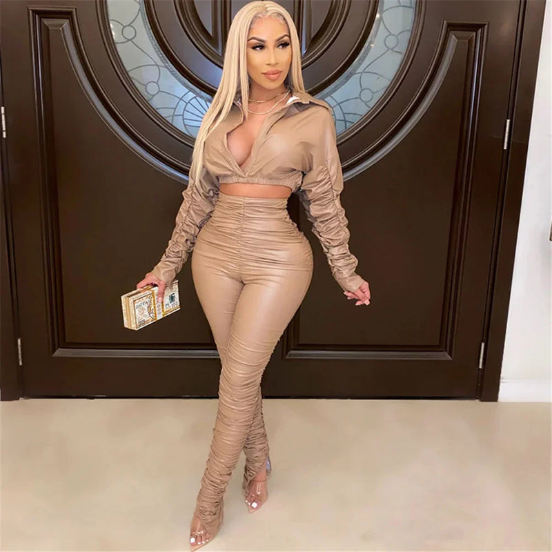 Sexy PU Faux Leather Two Piece Set for Women Birthday Night Club Outfits Crop Top and Slit Stacked Pants Matching Sets Undefined