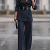 Modigirl 2025 New Blazers for Women Fall Spring Outerwear V-Neck Long Sleeves Striped Urban Ladies Clothing Jacket with Belt