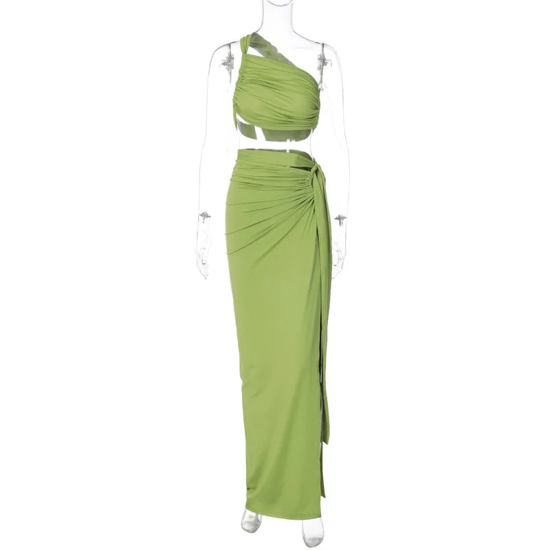 Ladies Spring 2 Pieces Sleeveless Backless Strap Spit Crop Top Side Slit Slim Fit Maxi Skirt Set Women Evening Party Clubwear